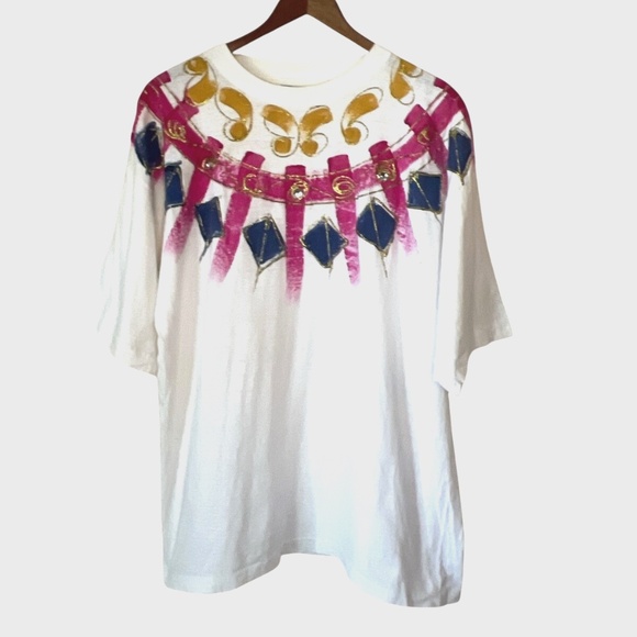 Vintage 1990 Cesucci Handpainted Glitter and Jewels Art T Shirt One Size - Picture 1 of 9
